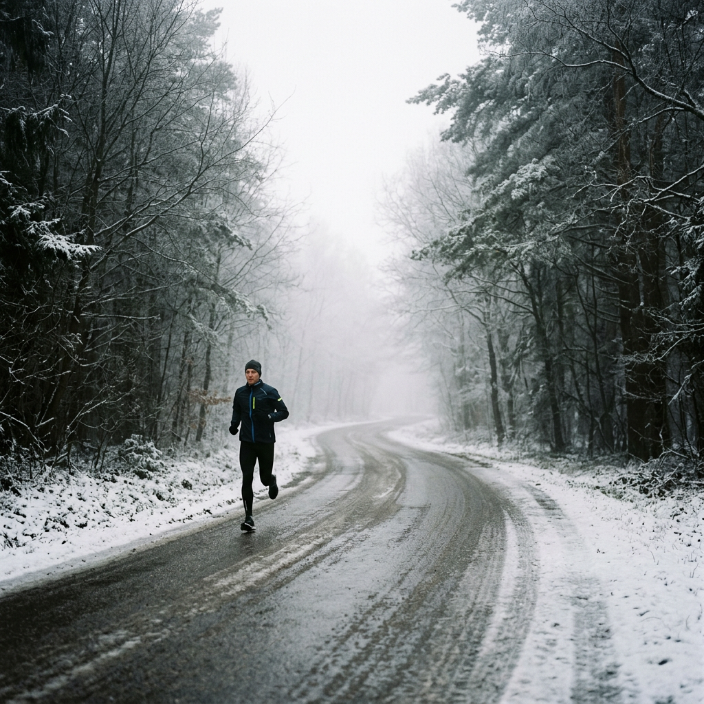 Person running on a snow-covered winding road in a forest