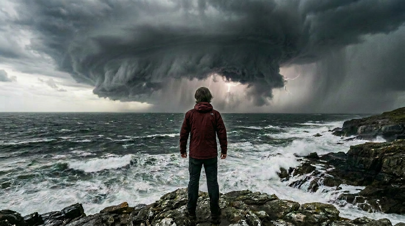 Person standing on rocky shore facing dark storm clouds and lightning over turbulent ocean waves