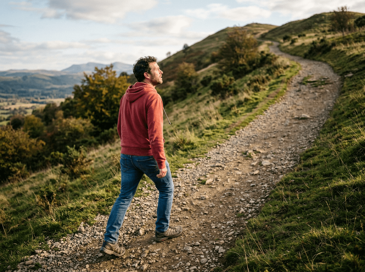 Man hiking uphill on rocky trail in natural landscape